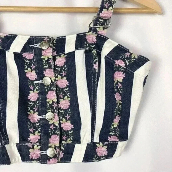 Forever 21 Blue & White Stripe Purple Floral Denim Crop Tank Top M - Picture 3 of 3